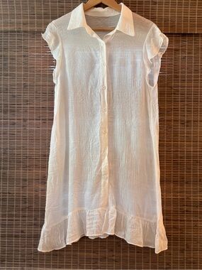 White Ruffle-Hem Cap-Sleeve swim cover up